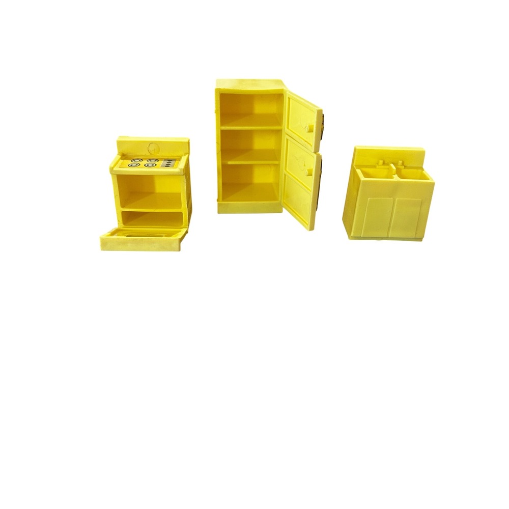 Vintage Fisher Price Little People Yellow Kitchen Set Refrigerator Stove Sink - Picture 2 of 4